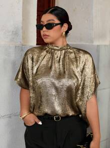 Elenzga Blusa holgada de cuello redondo y mangas asimétricas para mujer talla grande, diseño minimalista