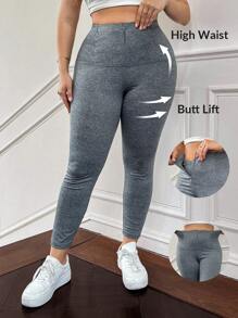 SHEIN Privé Plus Size Women All-Match Black Leggings With Zipper, Waist Cinching, Autumn/Winter, Versatile