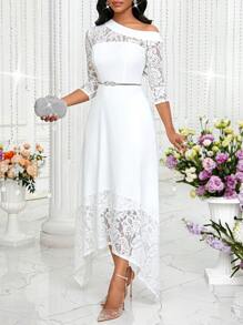 SHEIN Lady Vestido largo elegante de mujer con cuello asimétrico de encaje en contraste para el verano