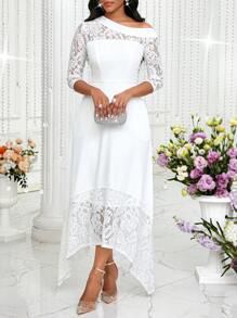 SHEIN Lady Vestido largo elegante de mujer con cuello asimétrico de encaje en contraste para el verano