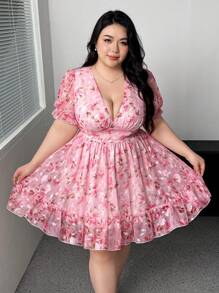 Flirla 浪漫透明雪纺碎花长袖荷叶边下摆迷你连衣裙，复古法式风格，优雅初秋、情人节 - 粉色 - 查看 6