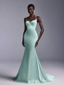 SHEIN Belle Elegant Satin Glossy Minimalist Formal Dress, Sexy V-Neck Cross Back With Gathers, Extra-Large Flared & Fishtail Hem Train For Gala Events, Party Dress, Gown, For Evening, Wedding Guest