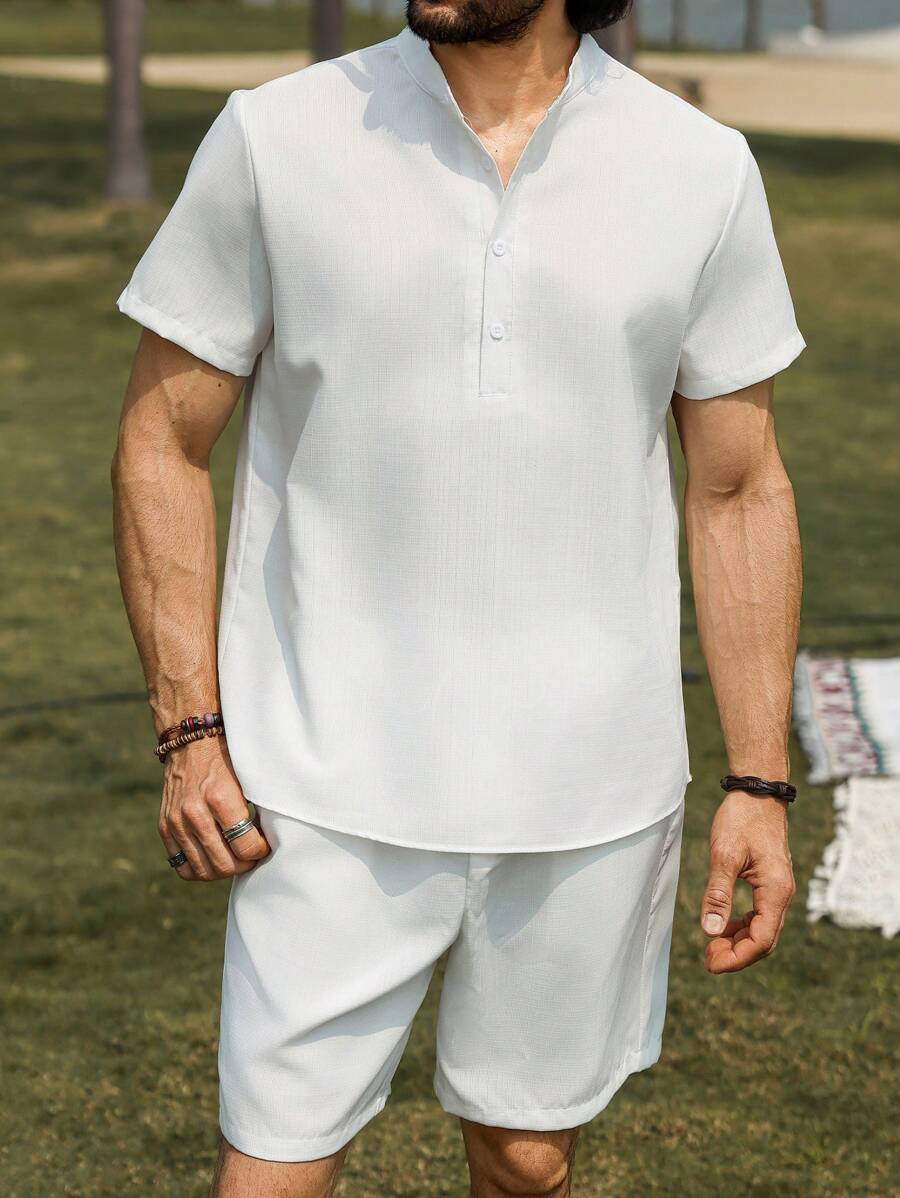 Manfinity Nomadique Conjunto de camisa de manga corta y pantalones cortos de unicolor para hombre, de moda para el verano