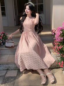 DAZY Texture Round Neck Sleeveless Dress For Women Dress Vacation Outfits Women - Pink - View 9