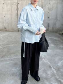 FRIFUL Women Solid Color Long Sleeve Shirt, Fashionable For Summer,Fall Women Clothes - Blue - View 2