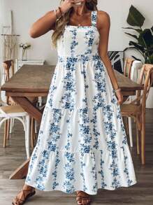 SHEIN Holidaya Plus Size Women Blue & White Print Waist Shaping Vacation Daily Casual Commuter Strap Midi Dress