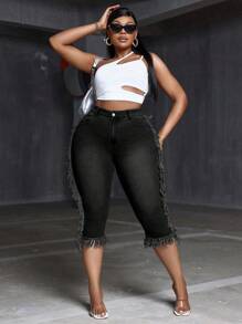 SHEIN SXY 大码弹力性感磨边设计七分牛仔裤 - 黑色 - 查看 6