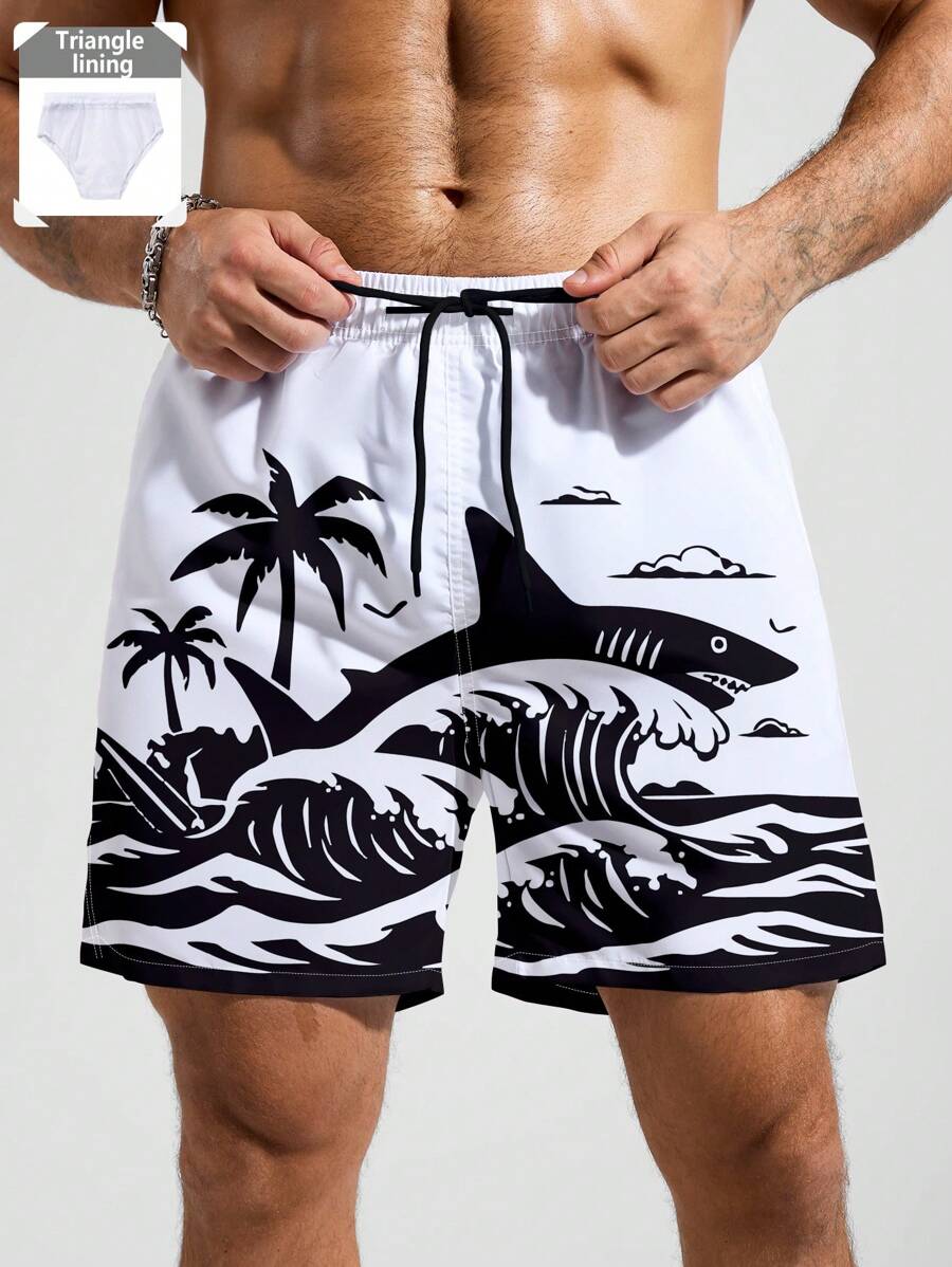 Manfinity KASUA Men's Casual Fashionable Beach Shorts, Suitable For Summer Man Swim Trunks - Black and White - View 1