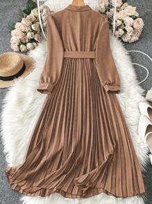 Omancia 女式长袖纽扣褶边办公室休闲连衣裙