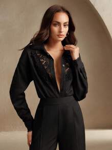 Anewsta 2pcs Set Elegant Lace Patchwork Hollow Out Loose Blouse & Wide Leg Pants For Women, Suitable For Spring, Festival, Holiday, Casual, Vacation - Black - View 3