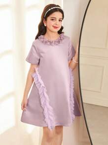 SHEIN Tween Girl Glamorous Elegant Floral Embroidered Round Neck A-Line Ruffle Hem Princess Dress, Pink - Pink - View 1