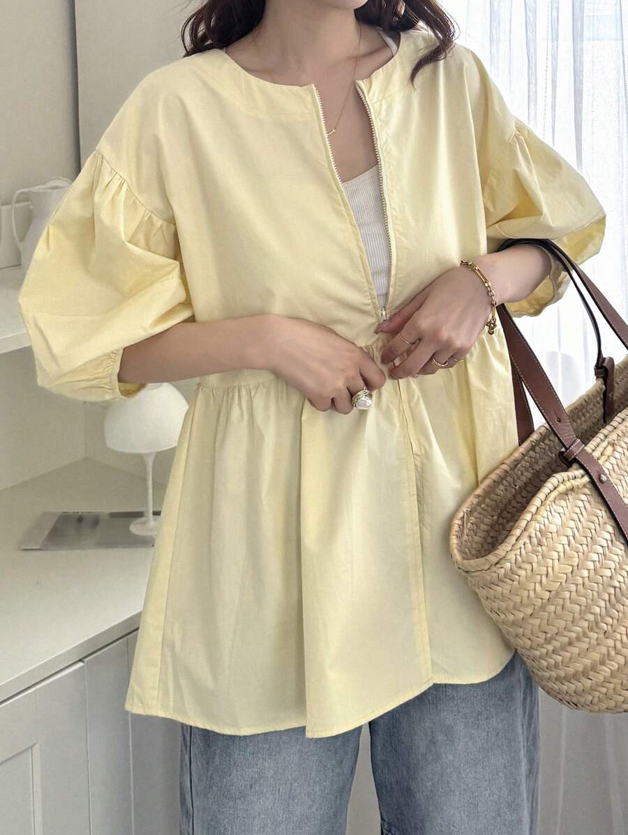 FRIFUL Women's Solid Color Short Petal Sleeve Zip Front Casual Shirt - Apricot - View 1
