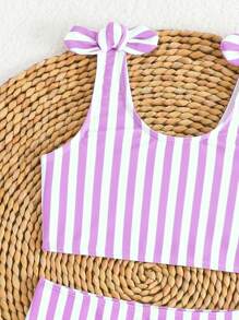 Young Girls Bikini Sets Swimsuit Split Two Pieces Sleeveless Briefs Style Purple Stripe Printed Polyester Fabric Cute Two Pieces Girls Swimsuit For Seaside Pool Camping - Pink - View 5