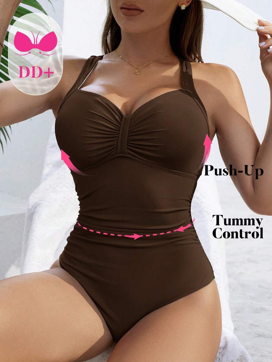 Swim DD+ 1 件女式假日纯色褶皱连体泳衣 - 棕色 - 查看 1