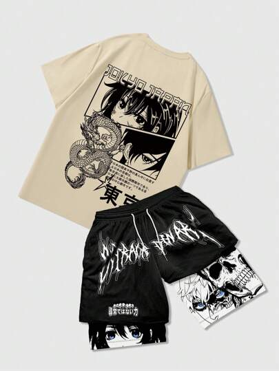 Anime 2pcs/Set Men's Anime Print Short Sleeve T-Shirt & Shorts, Casual Daily Wear For Spring/Summer