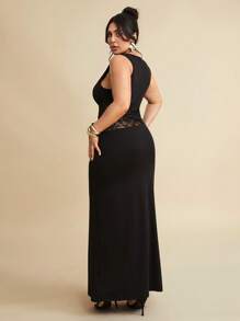 SHEIN BAE 大码女式黑色优雅蕾丝拼接真丝连衣裙/音乐节/海滩度假/婚礼派对礼服，女士生日礼服 - 黑色 - 查看 3