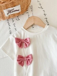 Baby Girl Cute Pink Bowknot Short Sleeve Top And Long Pants 2 Pieces Set, Summer - Multicolor - View 6