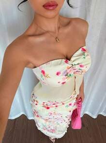 INAWLY Set de 2 piezas con top tipo bandeau y minifalda con parches florales, conjunto vacacional para mujer