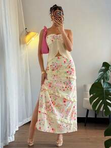 INAWLY Set de 2 piezas con top tipo bandeau y minifalda con parches florales, conjunto vacacional para mujer