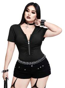 Flirla Casual Punk Fashionable Casual Zippered Pleated Stretch Fabric Bodysuit - Multicolor - View 6