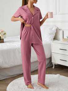 SHEIN Cottnline COTTON Women 2 Pcs Button Front With Pocket Detail Solid Coloue Homewear PJ Set - Dusty Pink - View 3