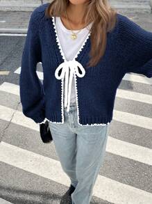 Serisse Women's Contrast Trim Knot V-Neck Long Sleeve Cardigan,Knitted Sweater In Fall/Winter Casual Blue - Navy Blue - View 4