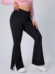 SHEIN Essnce Pantalones vaqueros de campana de talla grande para mujeres, de unicolor y estilo de moda, aptos para el verano - Negro - Ver 4