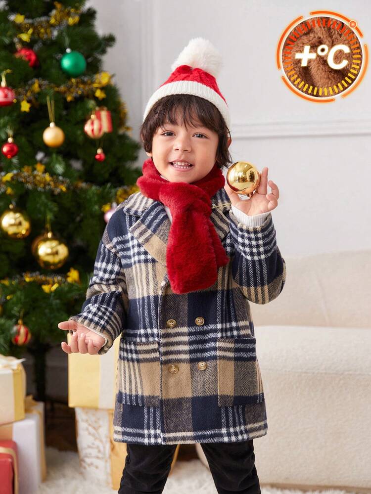2pcs Young Boy Casual Street Style Plaid Loose Fit Thermal Lined Coat And Burgundy Plush Scarf Suitable For Autumn-Winter Season