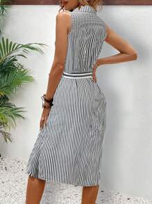 Breezaya Women's Striped Single-Breasted Sleeveless Casual Shirt Dress - Black - View 2