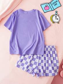 HELLO KITTY AND FRIENDS | SHEIN 2 件装少女休闲甜美紫色卡通图案 T 恤和格子短裤睡衣套装，适合春夏季 - 淡紫色 - 查看 2
