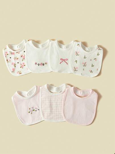 7pcs/Set Baby Bibs, Breathable Absorbent Ditsy Floral & Bow Pattern Burp Cloths For Baby Girls, Spring/Summer