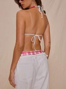 Musera Resort Áo bikini hai mảnh cổ yếm tam giác in họa tiết kẻ caro dễ thương, thanh lịch, thích hợp mặc đi biển vào mùa xuân hè. - Đỏ và trắng - Xem 3