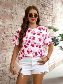 SHEIN LUNE Plus Size Floral Print Short Sleeve Casual T-Shirt - Multicolor - View 5