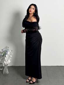 Firerie Plus Size Women's Spring/Summer Casual Elegant Holiday Romantic Travel Beach Lace Splicing Off-Shoulder Textured Mesh Sheer Ruched Sexy Minimalist Fashionable Bodycon Long Sleeve Dress, Slimming, Ins Style - Black - View 2