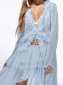 MISSGUIDED Ethereal Chiffon Longline Ruffle Blouse Flutter Sleeve Spring Summer Festival Boho Wedding Guest Bridesmaid Top With Tie Front Detail - Baby Blue - View 3