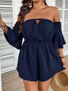SHEIN VCAY Plus Size Women Off Shoulder Flare Sleeve Solid Color Jumpsuit, Suitable For Vacation - Navy Blue - View 1