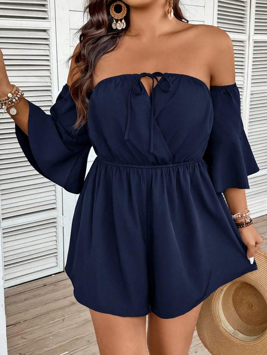 SHEIN VCAY Plus Size Women Off Shoulder Flare Sleeve Solid Color Jumpsuit, Suitable For Vacation - Navy Blue - View 1