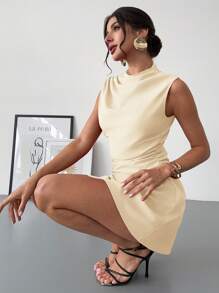 Firerie Women's Elegant Minimalist Delicate Romantic Sweet Daily Commute Wedding Party Music Festival Vacation Pleated A-Line Mini Halter Dress, Red,Summer Dresses For Women,Graduation Dresses - Apricot - View 4