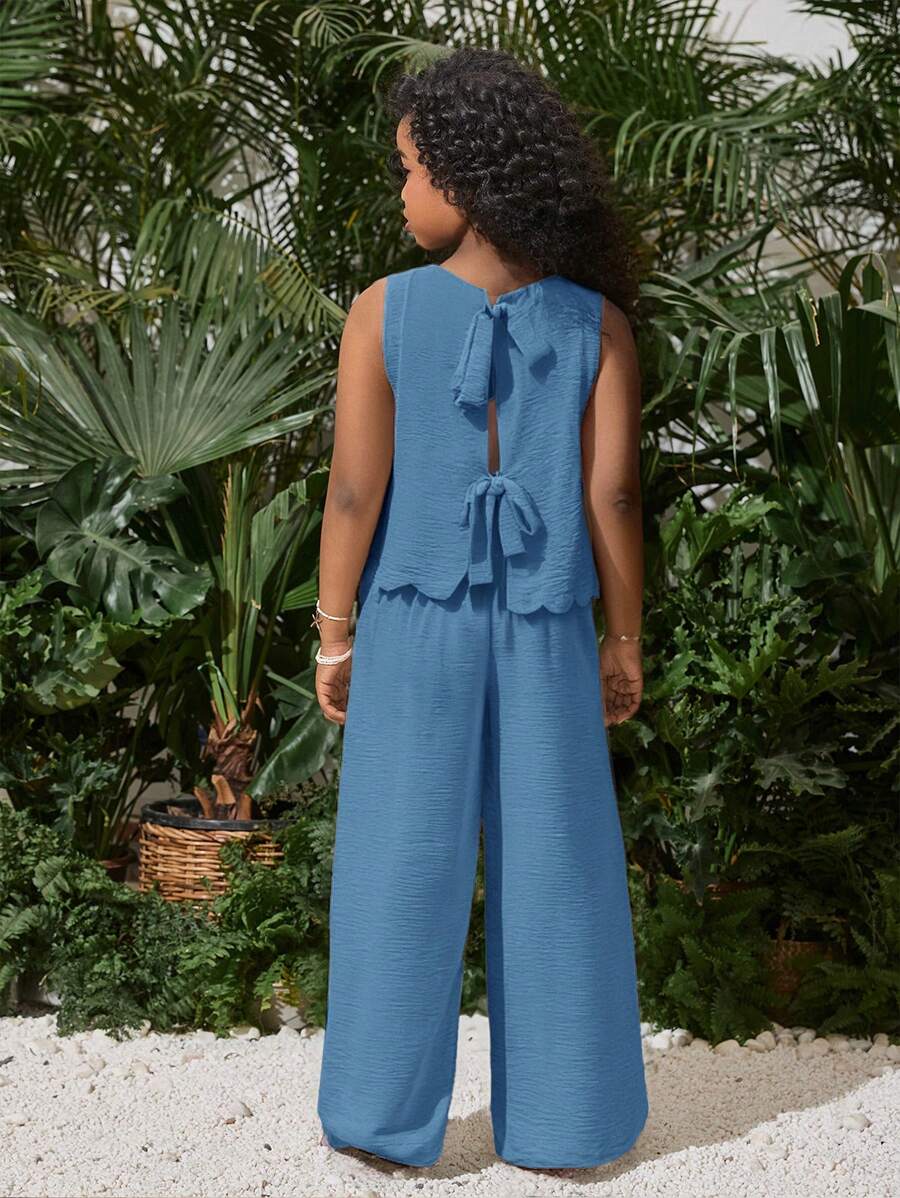 SHEIN SLAYR KIDS 青少年女孩优雅平纹梭织无袖开衫和直筒裤套装 - 霧霾藍 - 查看 1