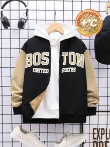 Tween Boys' Casual Letter Print Hooded Jacket, Suitable For Commuting, School, Daily Casual And Sports Wear, Fit For Autumn/Winter