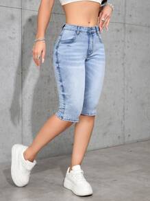 SHEIN EZwear Women's Pocket Skinny Capri Jeans, Versatile - Light Wash - View 3