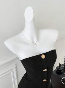 Comfortcana Vestido mini de mujer de verano con botones frontales, plisado en el bajo y bandeau de unicolor - Negro - Ver 4