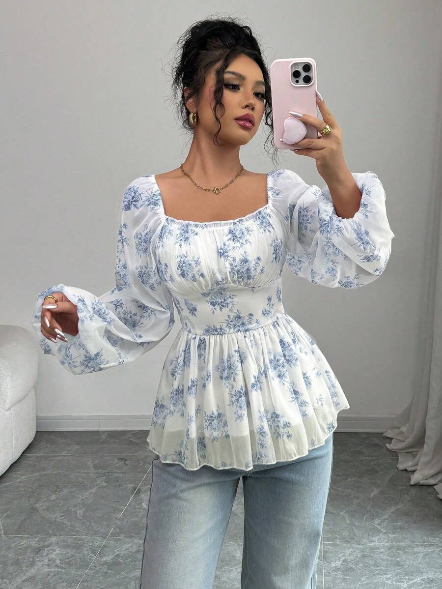 Modelyn 1pc Women's Pink Woven Gathered Waist Long Sleeve Blouse Fall Cloth For Women - Blue - View 1