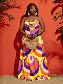 Slaydiva Plus Size Fashionable Contrast Color Print Bandeau Dress, Vacation Style - Multicolor - View 5