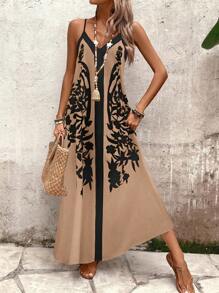 Breezaya 女士印花宽松无袖连衣裙，适合休闲度假和日常穿着 - 卡其色 - 查看 4