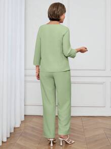 Miaspire Women's Casual Commuting Solid Color Shirt And Pants 2 Pieces Set