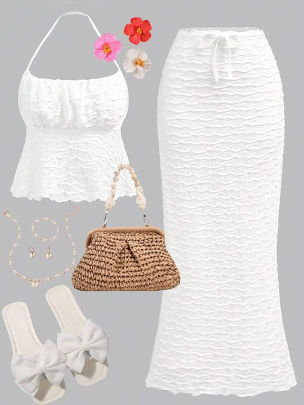 SHEIN Girlism Teen Girls 2pcs Set - Summer, Beach, Back To School, Casual, Jacquard Texture Solid Color Camisole & Mini Skirt