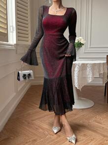 DAZY 新款优雅透明网眼中长连衣裙，女式，夏季，荷叶边 - 黑色 - 查看 4