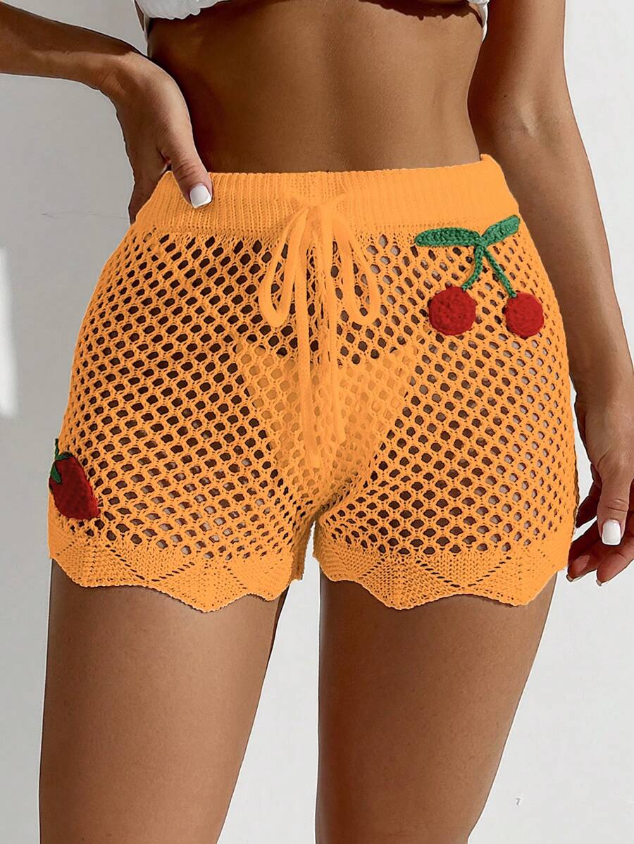 SHEIN Swim 女士樱桃印花镂空罩衫短裤套装 - 橘色 - 查看 1