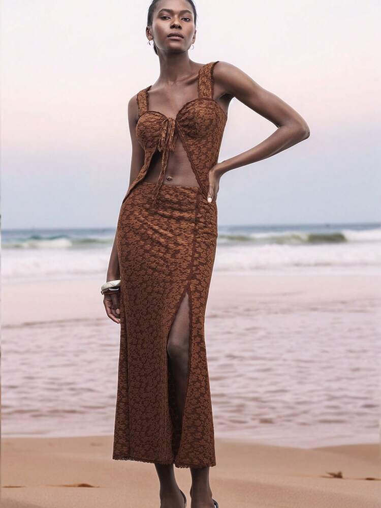 SHEIN Maija 2025 Spring/Summer New Casual Fashionable Vacation Coffee Color Jacquard Fabric Comfortable Women Skirt, Suitable For Parties, Weddings, Music Festivals, Graduation, Brunch Beach Outfits For Woman Western